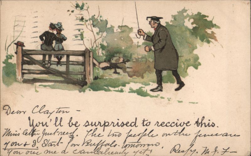 Comic Scene: Man with Umbrella and Couple on Fence, 'You & I' Message