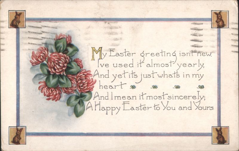 Easter Greeting Poem with Bunnies and Clover Flowers