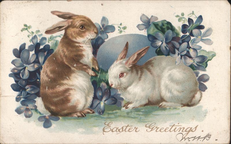 Easter Greetings: Two Bunnies, Easter Egg, and Blue Flowers