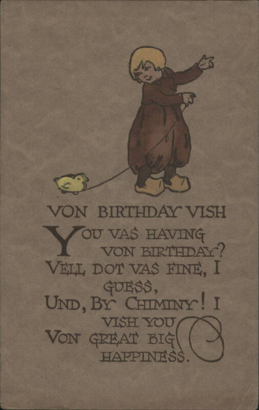 Comic Birthday Greeting with Boy Pulling Chick and German Dialect Text