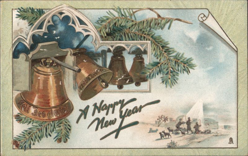 Happy New Year Bells, Fir Branches, Winter Landscape with Figures