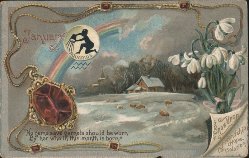 January Aquarius Zodiac Garnet Snowdrop Winter Landscape
