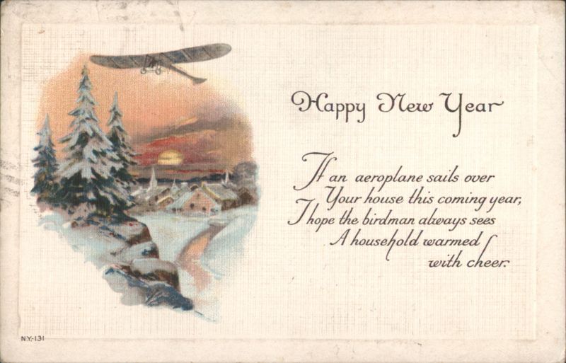 Happy New Year Airplane over Snowy Village Poem