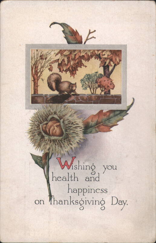 Thanksgiving Day Greeting with Squirrel, Autumn Trees, and Chestnut Burr