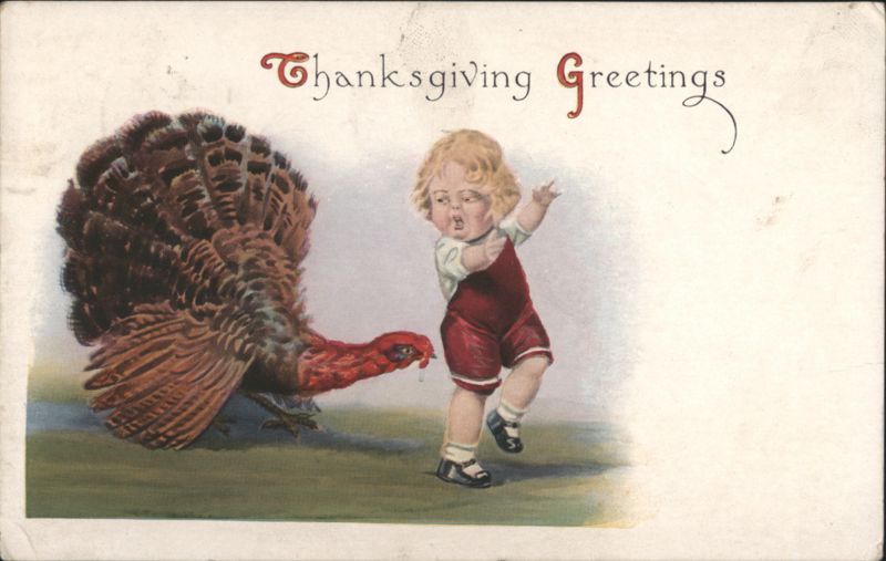 Thanksgiving Greetings: Comic Child Chased by Turkey