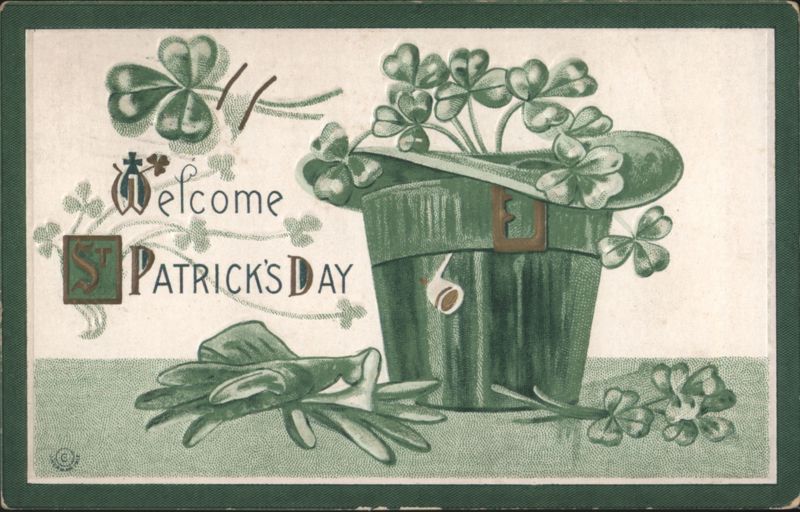 Welcome St. Patrick's Day Green Top Hat with Shamrocks and Gloves