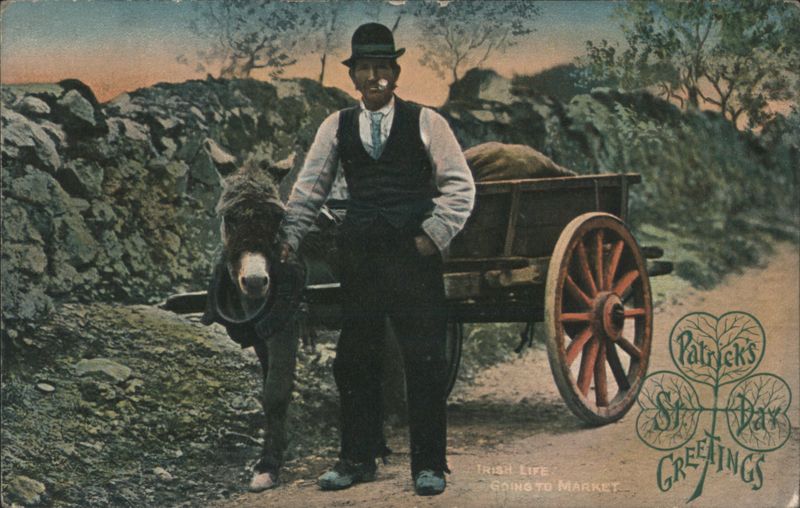 Irish Man with Donkey Cart Going to Market, St. Patrick's Day Greetings Ireland