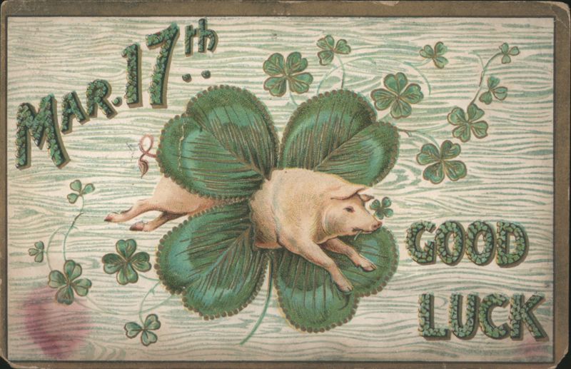St. Patrick's Day Pig Flying with Four-Leaf Clovers, Good Luck