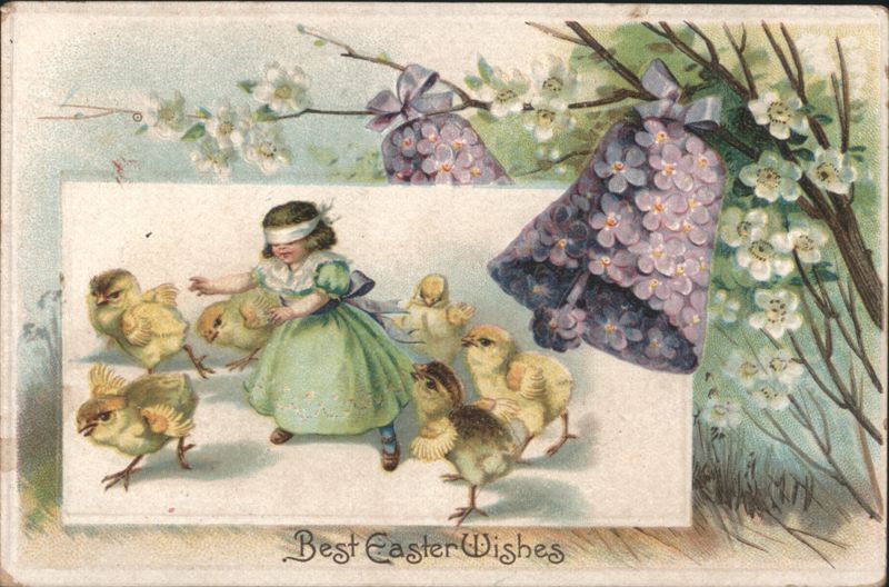 Girl Playing Blind Man's Bluff with Chicks, Best Easter Wishes