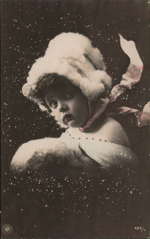 Child in White Fur Hat and Stole with Pink Ribbon in Snow