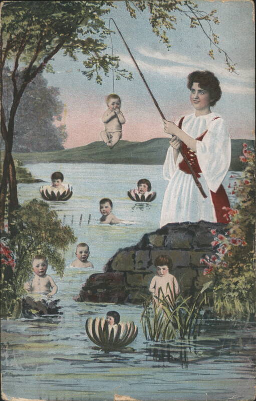 Woman Fishing for Babies in a Pond with Lotus Flowers