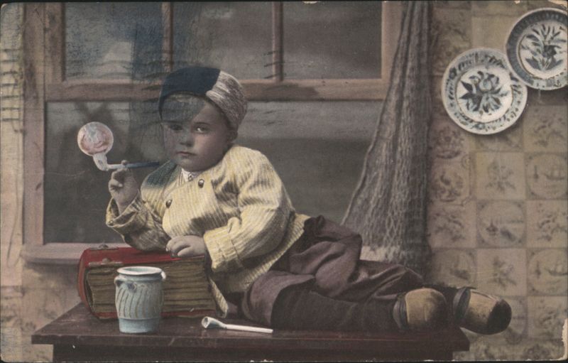 Dutch Boy Blowing Bubbles with Pipe, Traditional Costume