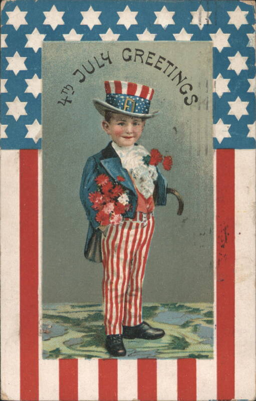 4th of July Greetings Boy in Patriotic Uncle Sam Attire with Flowers