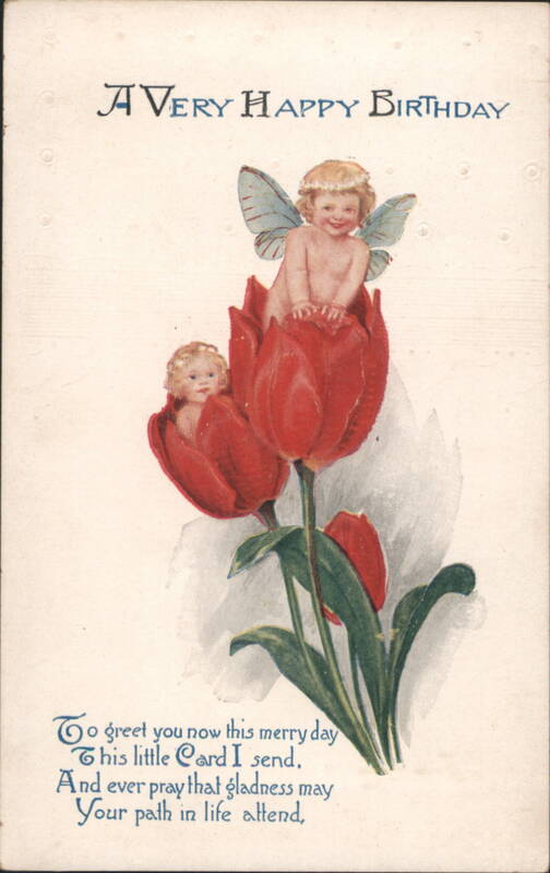 Birthday Greeting with Cherubs and Red Tulips