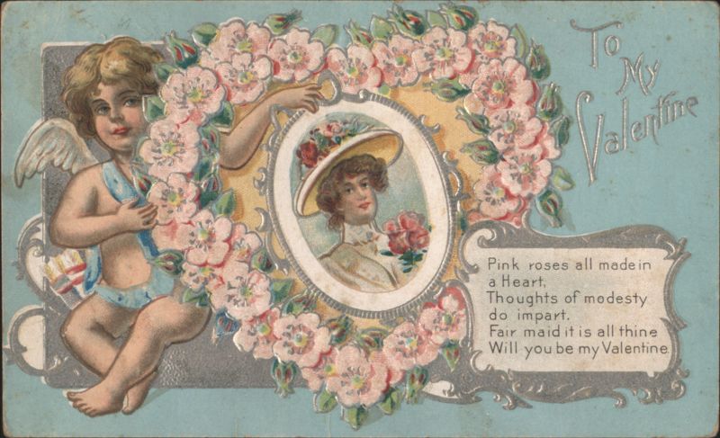 Cherub with Pink Roses and Woman's Portrait, To My Valentine