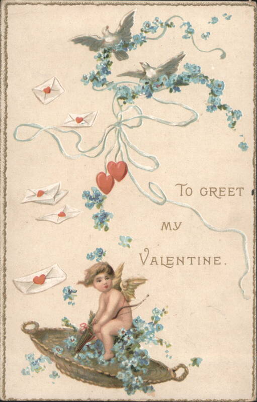 Cupid in Basket with Doves & Forget-Me-Nots, To Greet My Valentine