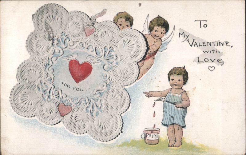 Valentine Cherubs Painting Heart on Doily Cupid