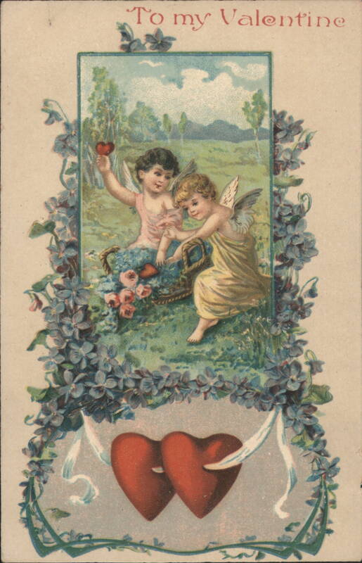 Valentine's Day Cherubs with Hearts and Violets Cupid
