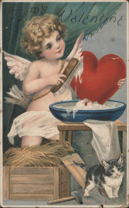 Cherub Washing Red Heart for Valentine's Day with Cat