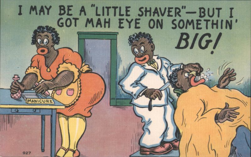 Black Americana Comic Barbershop Scene, Manicure, 'Little Shaver' Pun