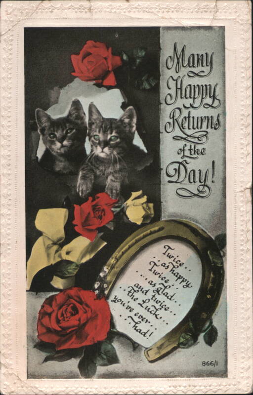 Cats, Roses, Horseshoe, 'Many Happy Returns of the Day!' Greeting