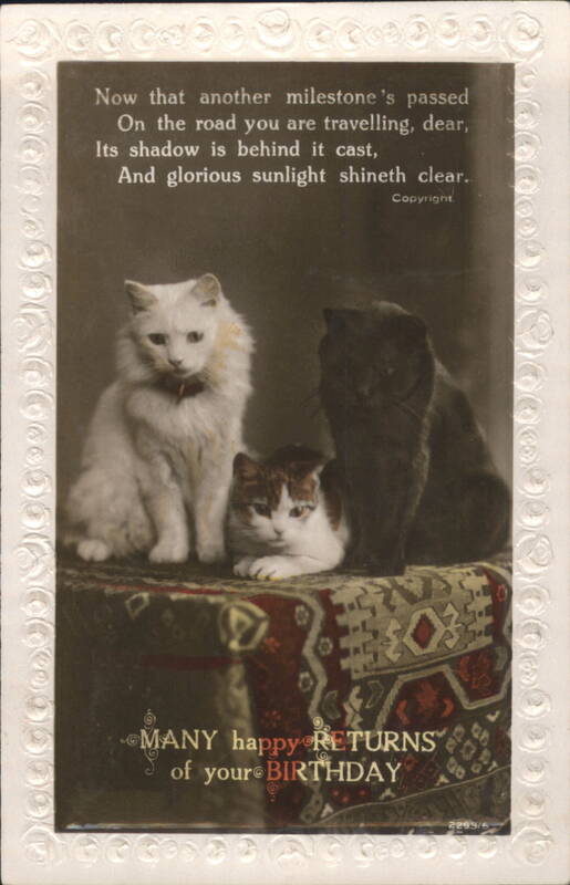 Birthday Greeting with Three Cats on a Rug