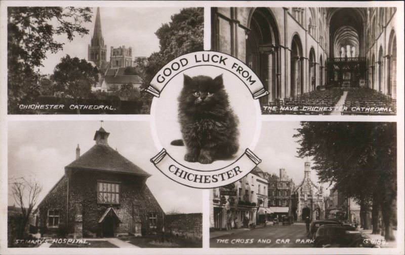 Good Luck Black Cat with Chichester Cathedral, St. Mary's Hospital, The Cross Views United Kingdom