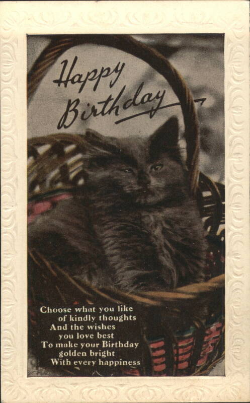 Happy Birthday Black Cat in Basket with Poem Cats