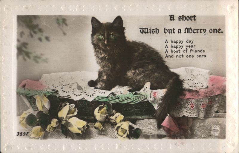 Black Cat with Green Eyes and Flowers, Birthday Wish