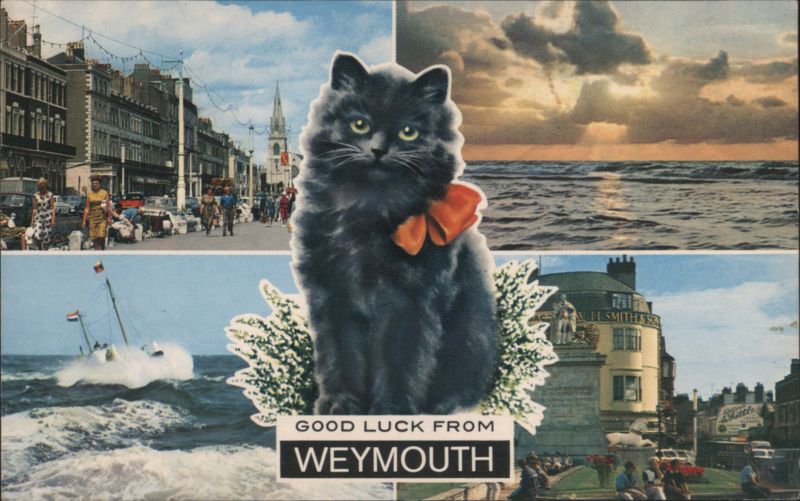Good Luck from Weymouth Collage with Black Cat and Coastal Scenes England