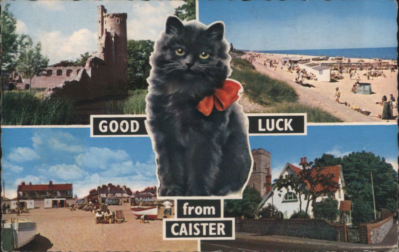 Black Cat with Red Bow, Good Luck from Caister, England