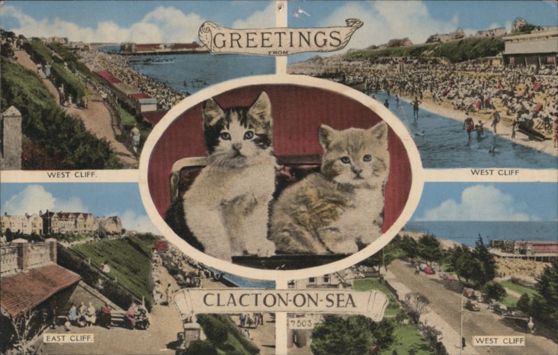 Greetings from Clacton-on-Sea with Kittens and Busy Seaside Views United Kingdom