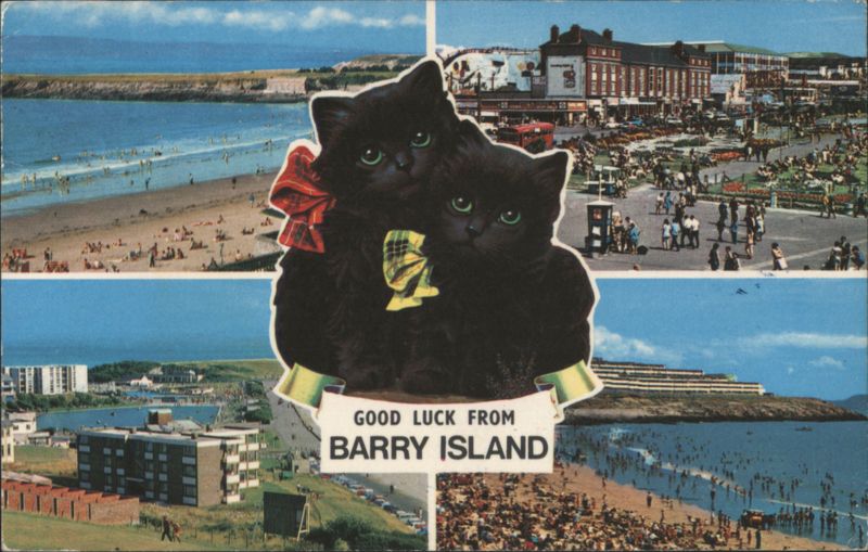 Good Luck from Barry Island, Two Black Cats, Beach and Town Views United Kingdom