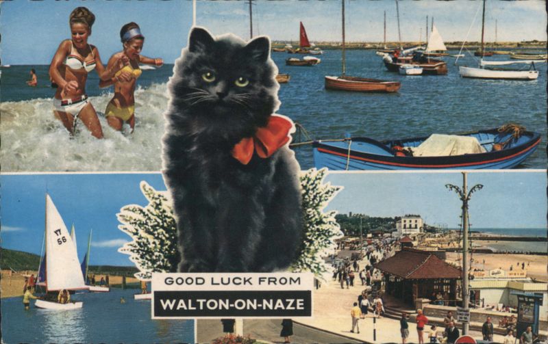 Good Luck from Walton-on-Naze with Black Cat & Beach Scenes United Kingdom