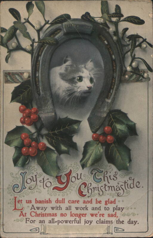 Christmas Cat in Horseshoe with Holly & Mistletoe With Cats