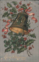 Christmas Bell with Holly, Berries & Ribbons Postcard