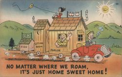 Home Sweet Home Mobile House on Wheels Cartoon with People and Dog Postcard