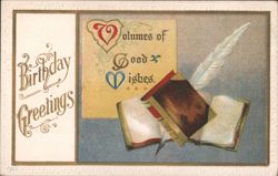 Birthday Greetings with Books, Quill, and Decorative Hearts Postcard