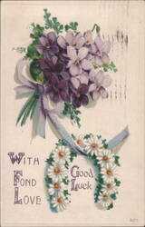 Floral Bouquet and Daisy Wreath with Good Luck and Fond Love Greeting Postcard