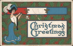 Art Nouveau Woman with Holly & Berries, Christmas Greetings Postcard