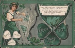 St. Patrick's Day Woman with Harp, Shamrocks, and Irish Poem Postcard