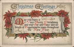 Christmas Greetings with Poinsettias and New Year's Message Postcard