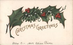 Christmas Greetings Holly and Mistletoe Berries Illustration Postcard