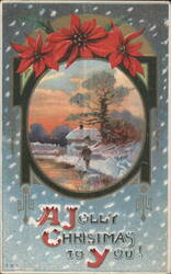 A Jolly Christmas to You! Winter Scene with Poinsettias Postcard