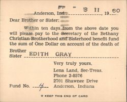 1960 Anderson IN Bethany Christian Fraternal Death Notice Postcard Postcard