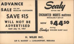 Sealy Enchanted Nights Mattress Sale H. Wiler Inc. Logansport, Indiana Postcard