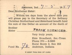 Bethany Christian Brotherhood Death Benefit Notice for Frank Koeniger Postcard