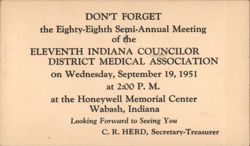 Eleventh Indiana Councilor District Medical Association Meeting 1951 Wabash IN Postcard
