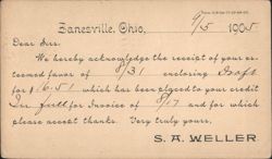 S. A. Weller Payment Acknowledgment, Zanesville, Ohio 1905 Postcard