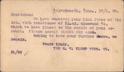 H. W. Klemp Furn. Co. Business Correspondence, Leavenworth, KS 1906 Postcard